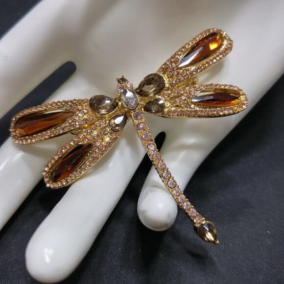 Dragonfly Rhinestone Topaz Brooch, Hallmark on Back, 2 Inches - Picture 3 of 8